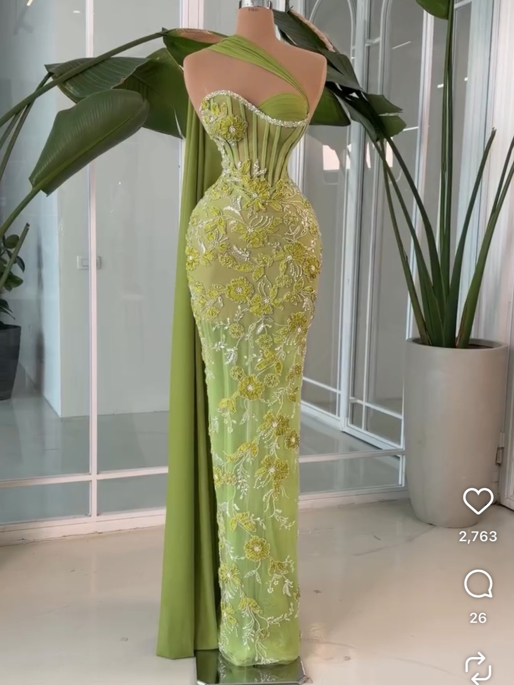 Elegant Lime Green Embroidered Strapless Evening Gown